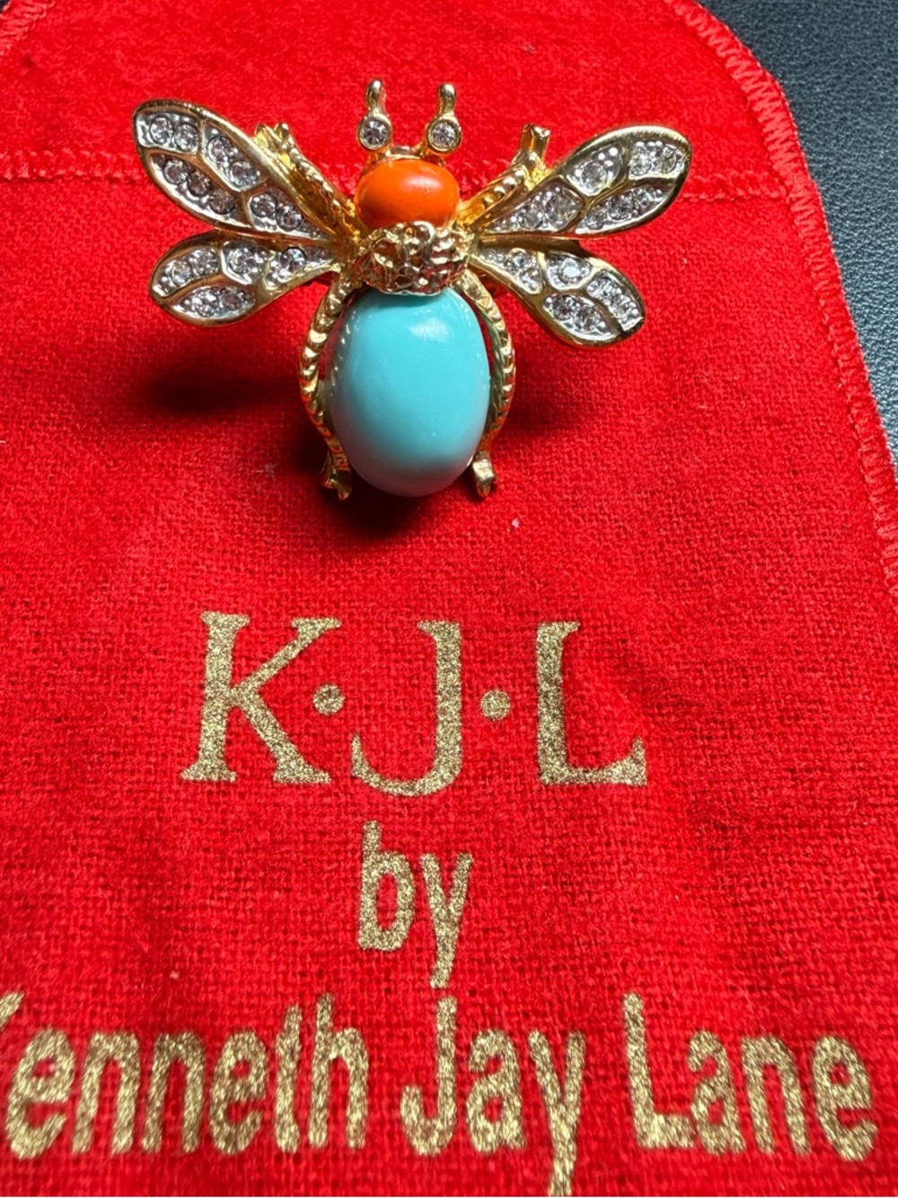 90s Kenneth J Lane Bee Rhinestone Coral Turquoise Cocktail Adjustable Ring 6-7